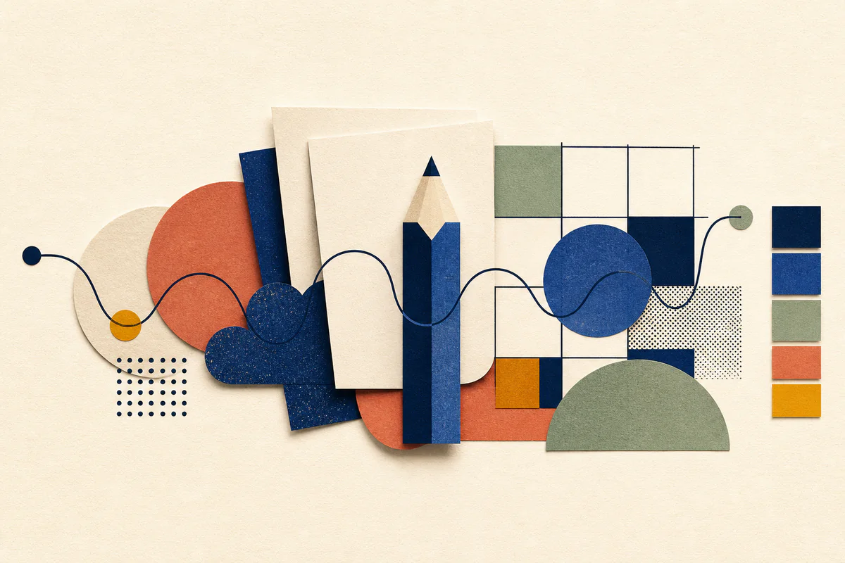 Collage di carte geometriche, matita blu, griglia e linea curva su fondo avorio.