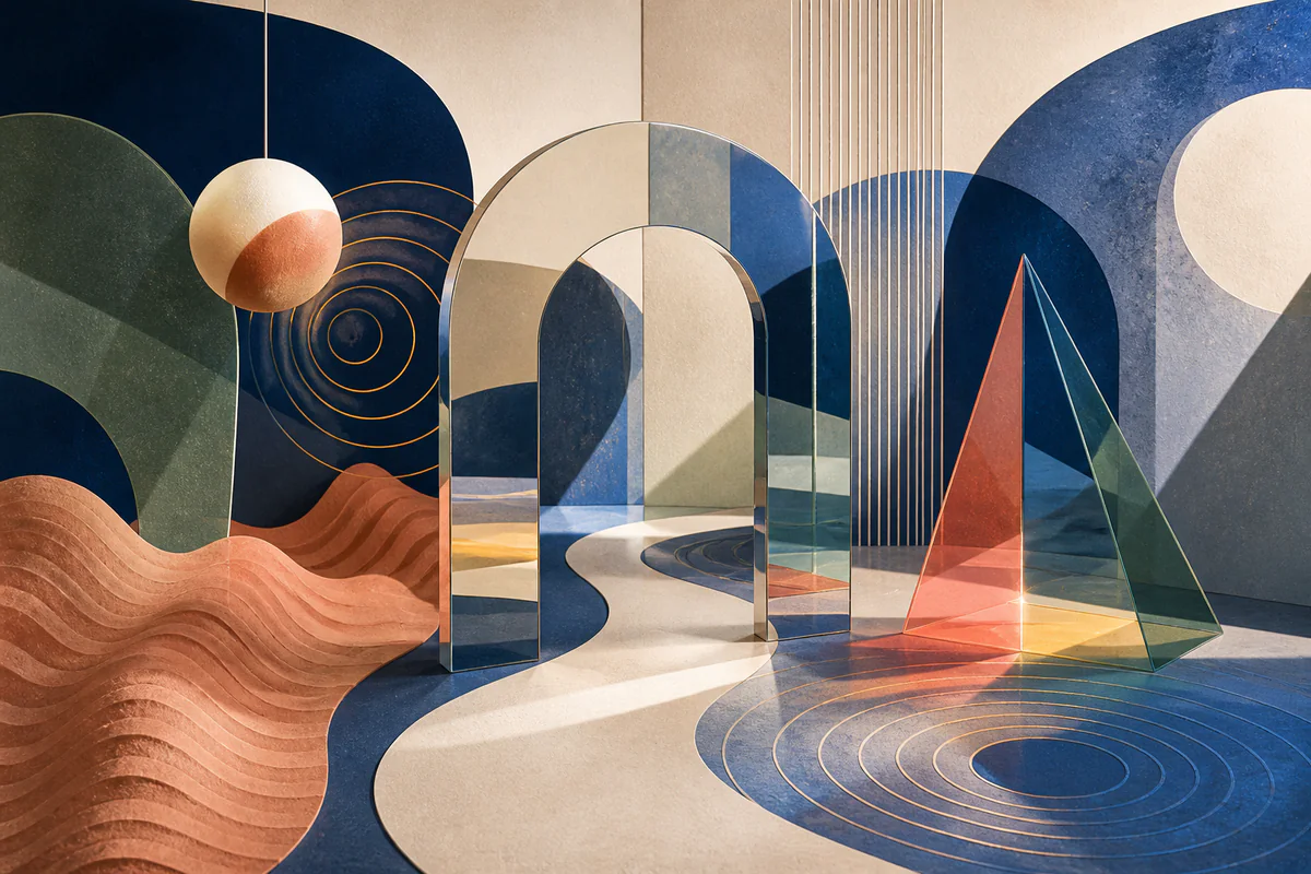Installazione sensoriale astratta con archi specchiati, forme trasparenti, onde e cerchi concentrici.