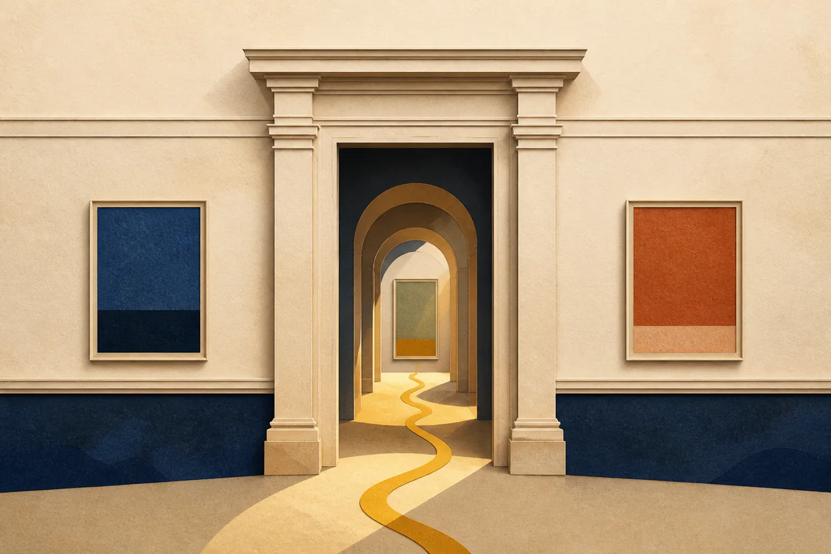 Galleria museale stilizzata con portale classico, archi in prospettiva e percorso dorato.